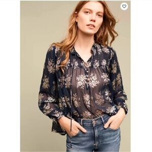Maeve Anthropologie Navy Gold Floral Sheer Blouse medium